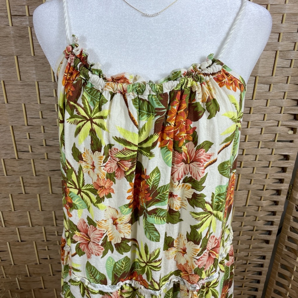 Floral Tiered Spaghetti Strap Linen Hawaiian Midi Dress in Cream & Green